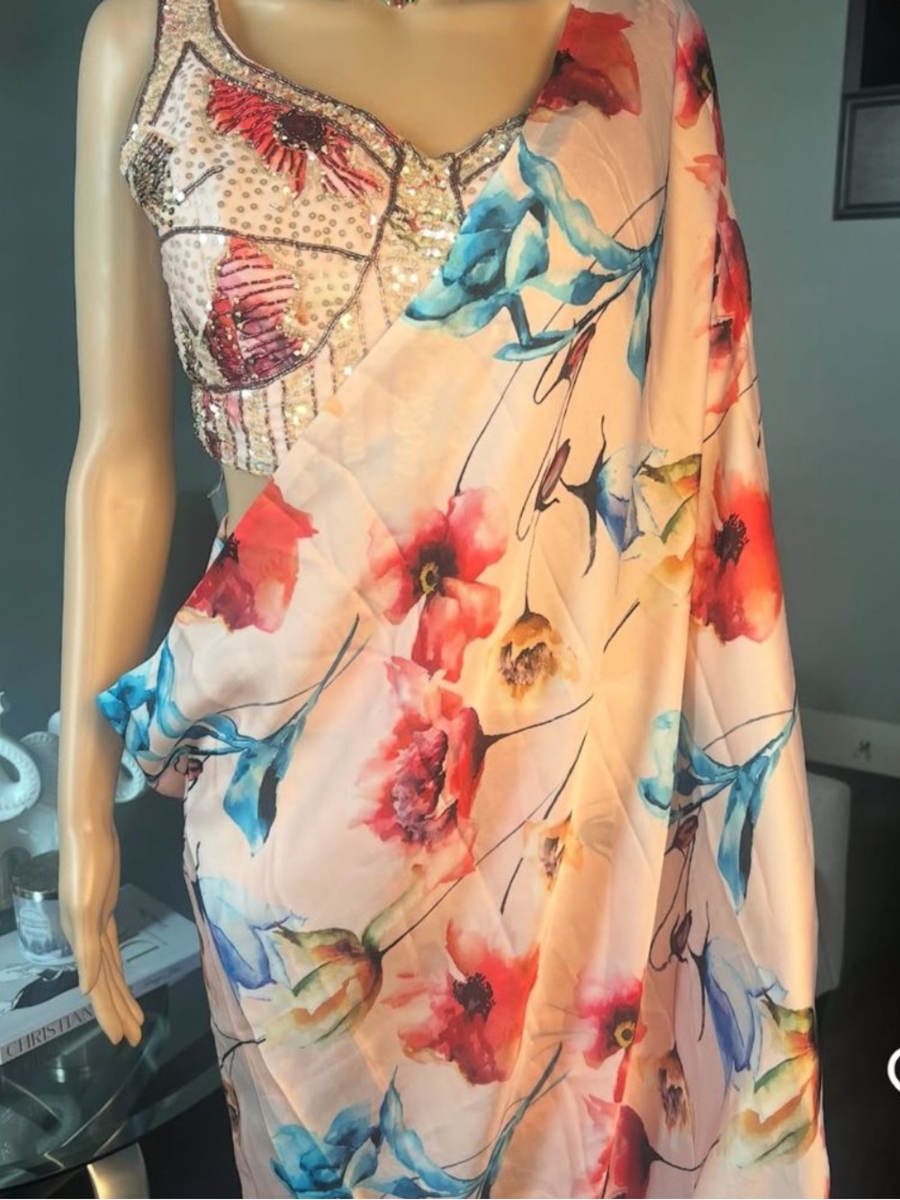 Printed peach Saree , ready to wear